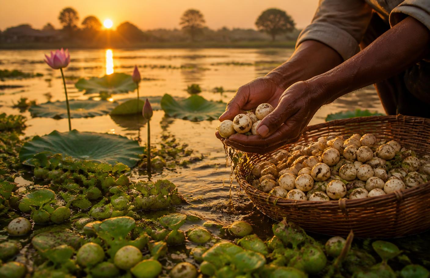 Farmer harvesting makhana from a pond in Bihar at golden hour
